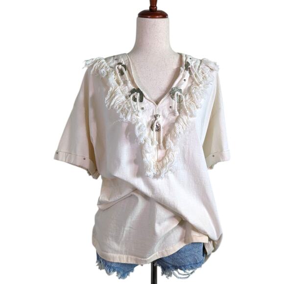 Joanie W. Vintage Southwestern Ivory White Concho Fringe Women’s Oversized Top - Picture 3 of 11